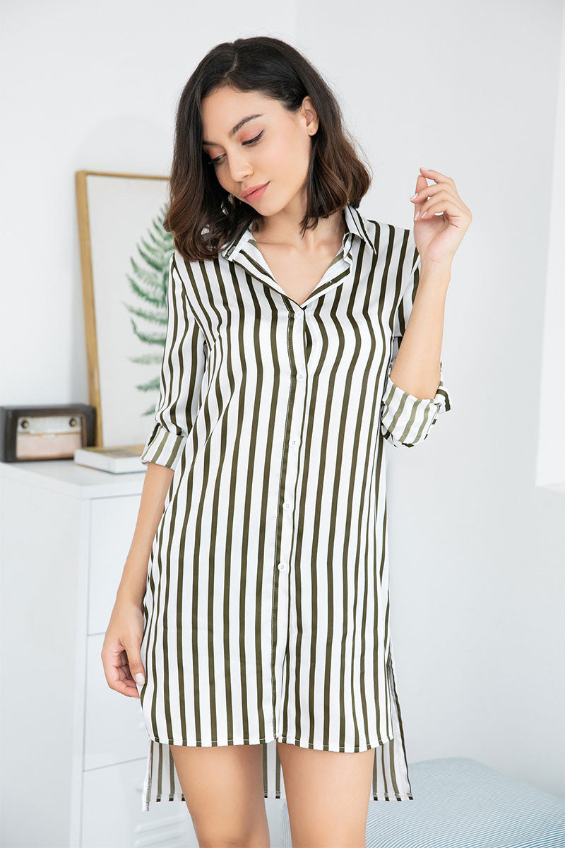 Striped Asymmetrical Hem Single Breasted  Blouse