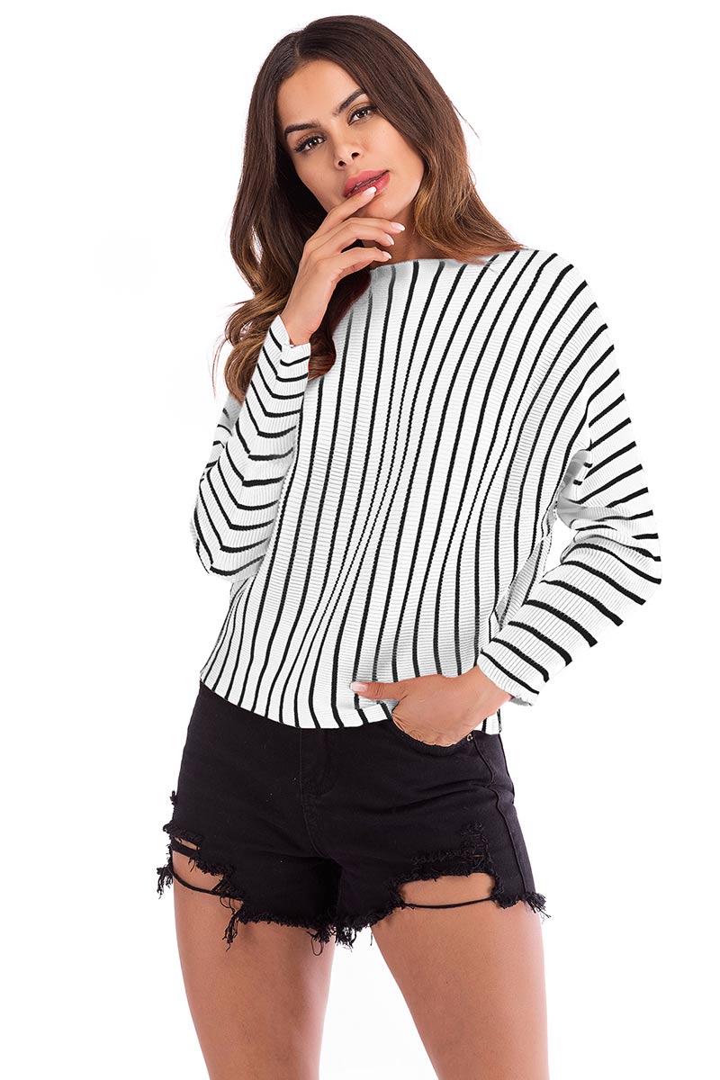 Striped Long Sleeve Baggy Knit Blouse - Mislish