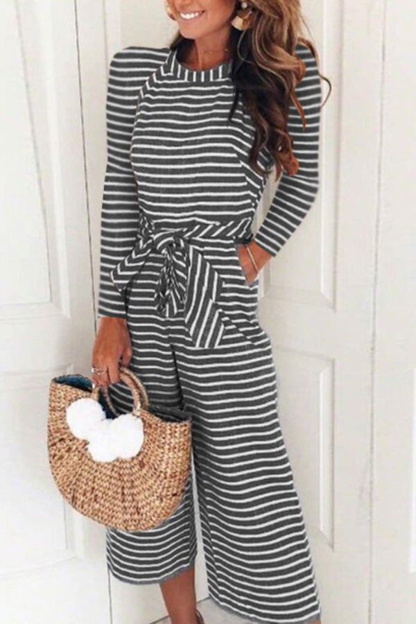 Striped Round Neck Lace-up Jumpsuit