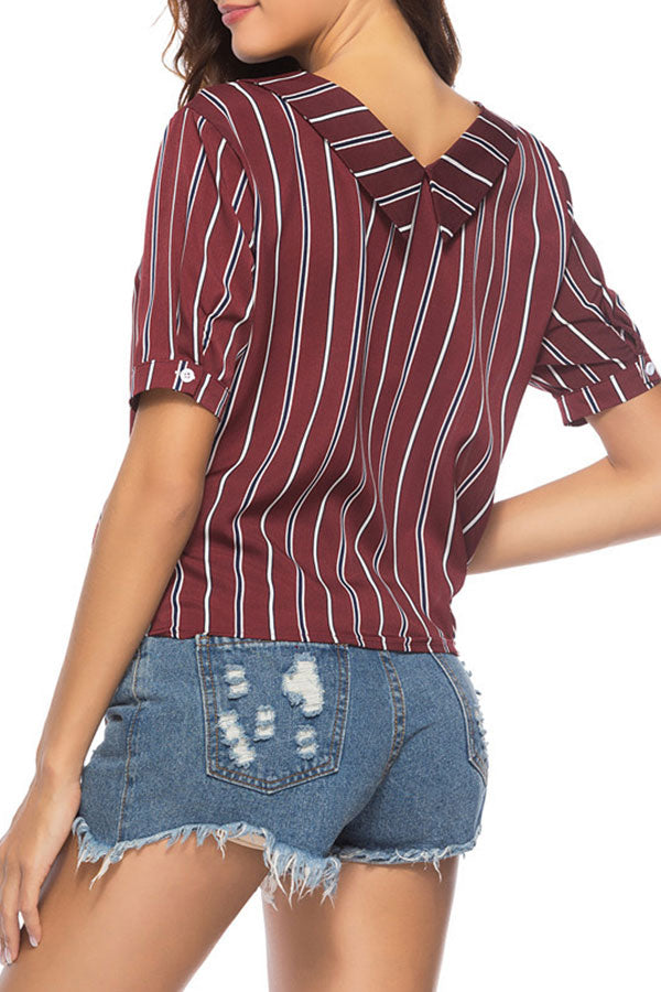 V-Neck Striped String Buttons Shirt