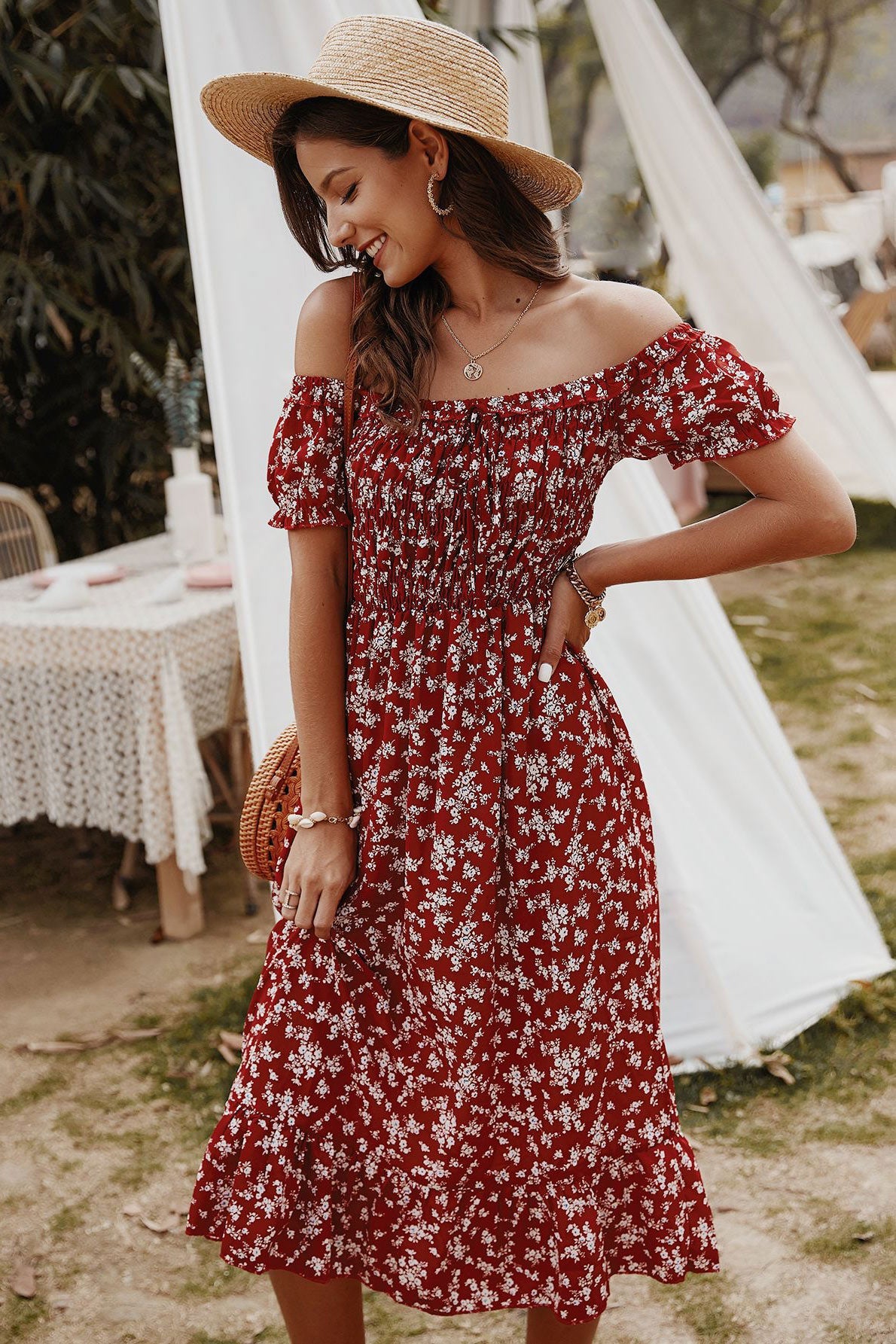 Summer Bohemian Print Off-the-Shoulder Dress