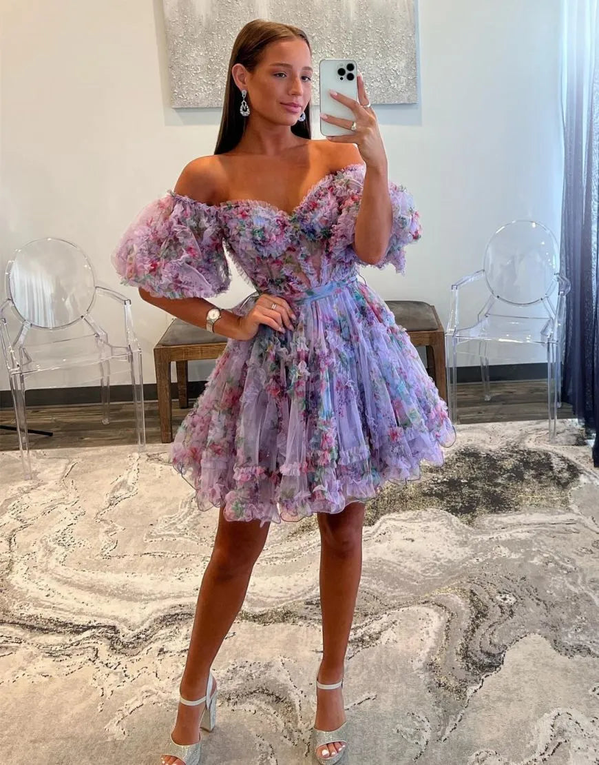 Ivana A-Line Off-the-Shoulder Printed Homecoming Dress