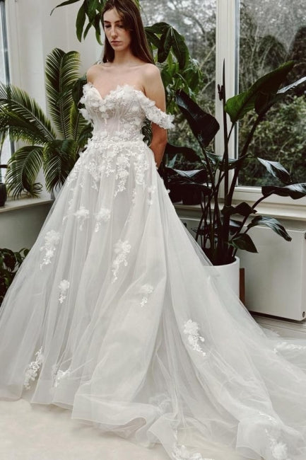 Sweetheart Long Ivory A-Line Off-the-Shoulder Lace Sleeveless Wedding Dress