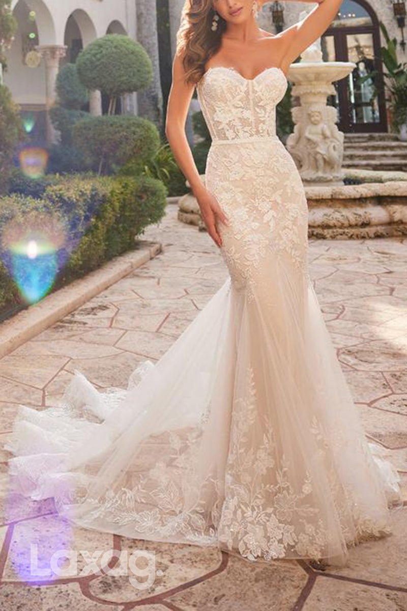 22606 - Sweetheart Appliques illusion Mermaid Wedding Dress with Train - Fashionpara