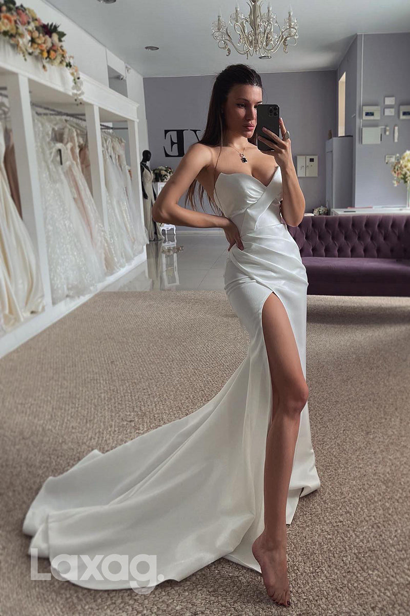 22391 - Sweetheart Draped Sleek Satin High Slit Mermaid Wedding Dress with Trrain - Fashionpara