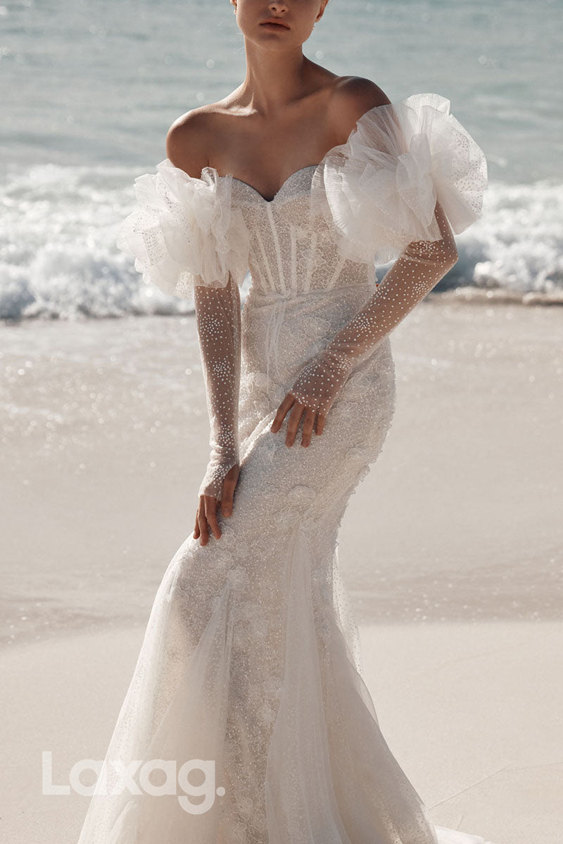 23016 - Sweetheart Fully Sequins Floral Embossed Mermaid Wedding Dress with Train - Fashionpara