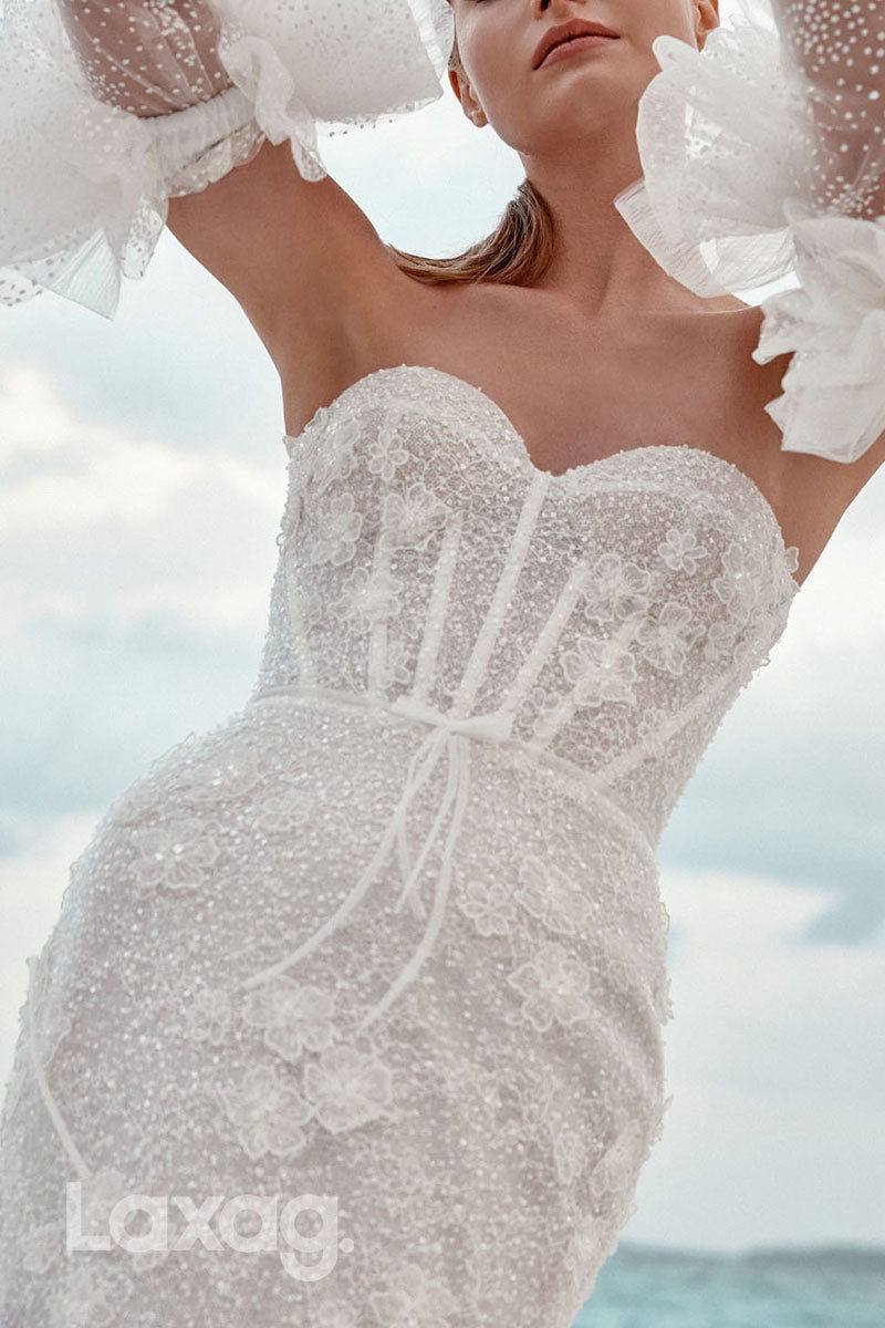 23016 - Sweetheart Fully Sequins Floral Embossed Mermaid Wedding Dress with Train - Fashionpara