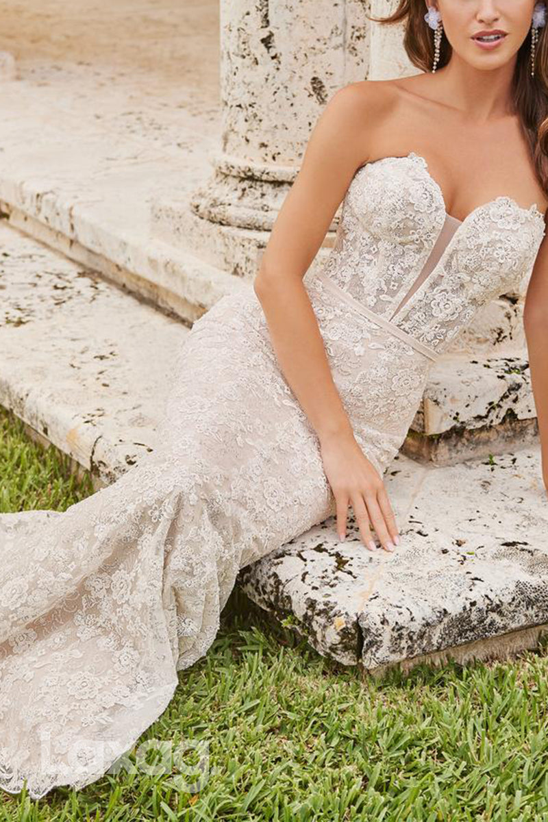 22591 - Sweetheart Lace Appliques Mermaid Wedding Dress with Train - Fashionpara