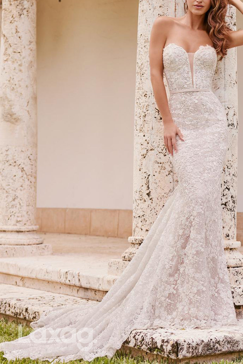 22591 - Sweetheart Lace Appliques Mermaid Wedding Dress with Train - Fashionpara