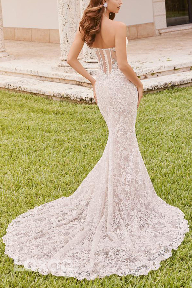 22591 - Sweetheart Lace Appliques Mermaid Wedding Dress with Train - Fashionpara