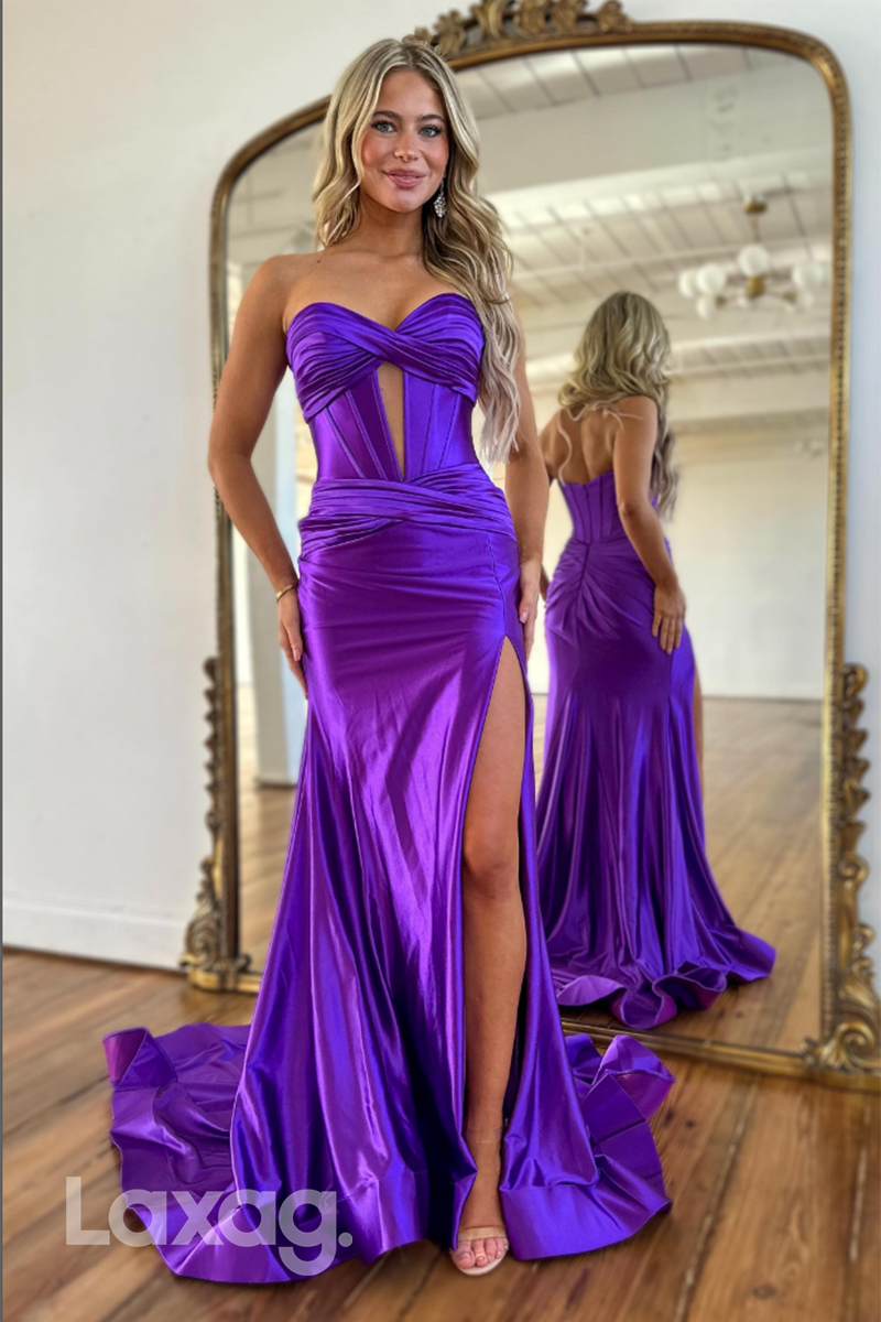 22478 - Sweetheart Sleek Satin High Slit Mermaid Party Prom Formal Evening Dresses - Fashionpara