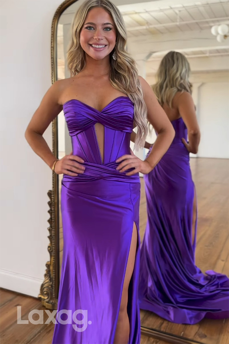 22478 - Sweetheart Sleek Satin High Slit Mermaid Party Prom Formal Evening Dresses - Fashionpara