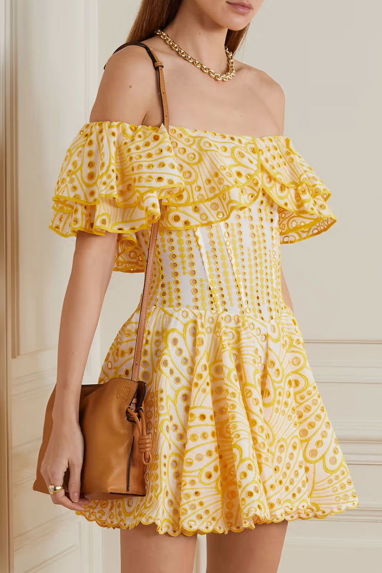 Tiered Off Shoulder Broderie Anglaise Ruffle Mini Dress - Yellow - Fashionpara