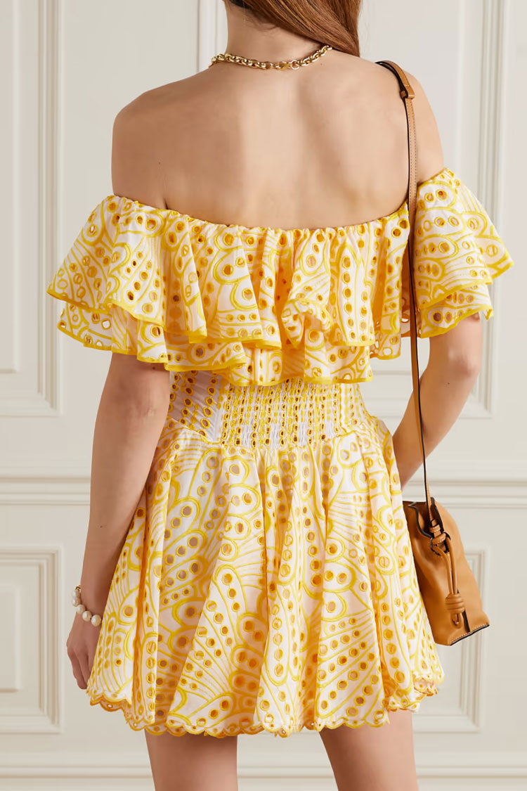 Tiered Off Shoulder Broderie Anglaise Ruffle Mini Dress - Yellow - Fashionpara