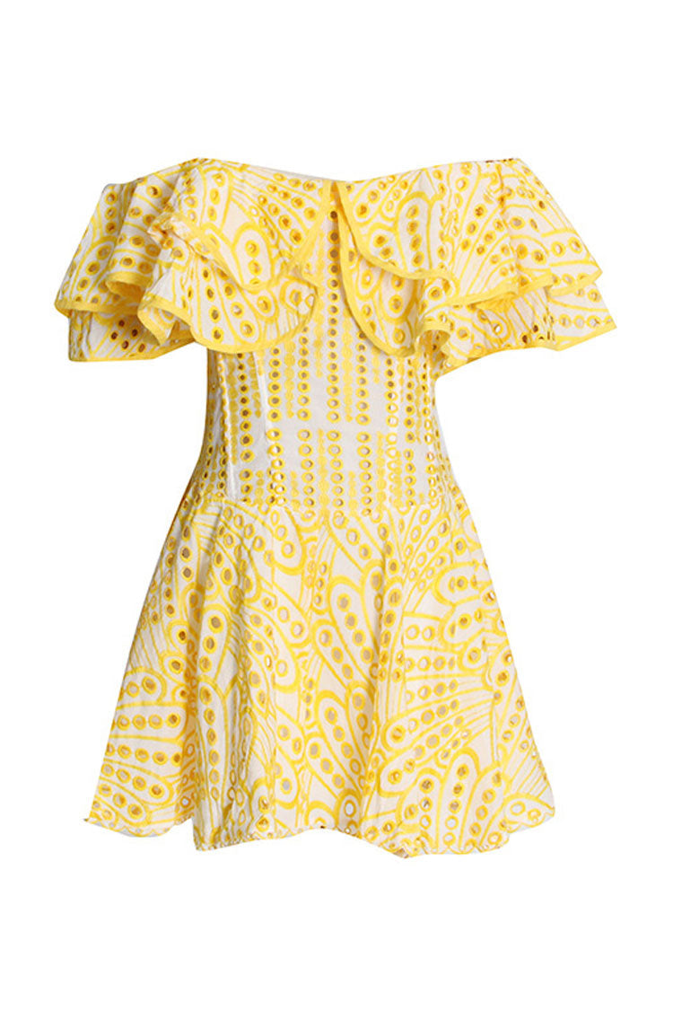 Tiered Off Shoulder Broderie Anglaise Ruffle Mini Dress - Yellow - Fashionpara