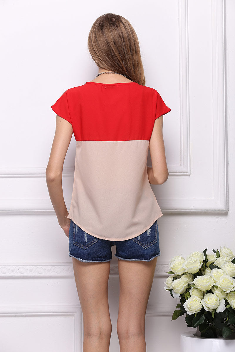 Two Tone Short Sleeve Chiffon Blouse