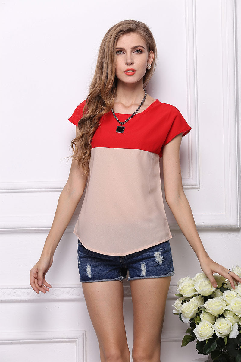 Two Tone Short Sleeve Chiffon Blouse