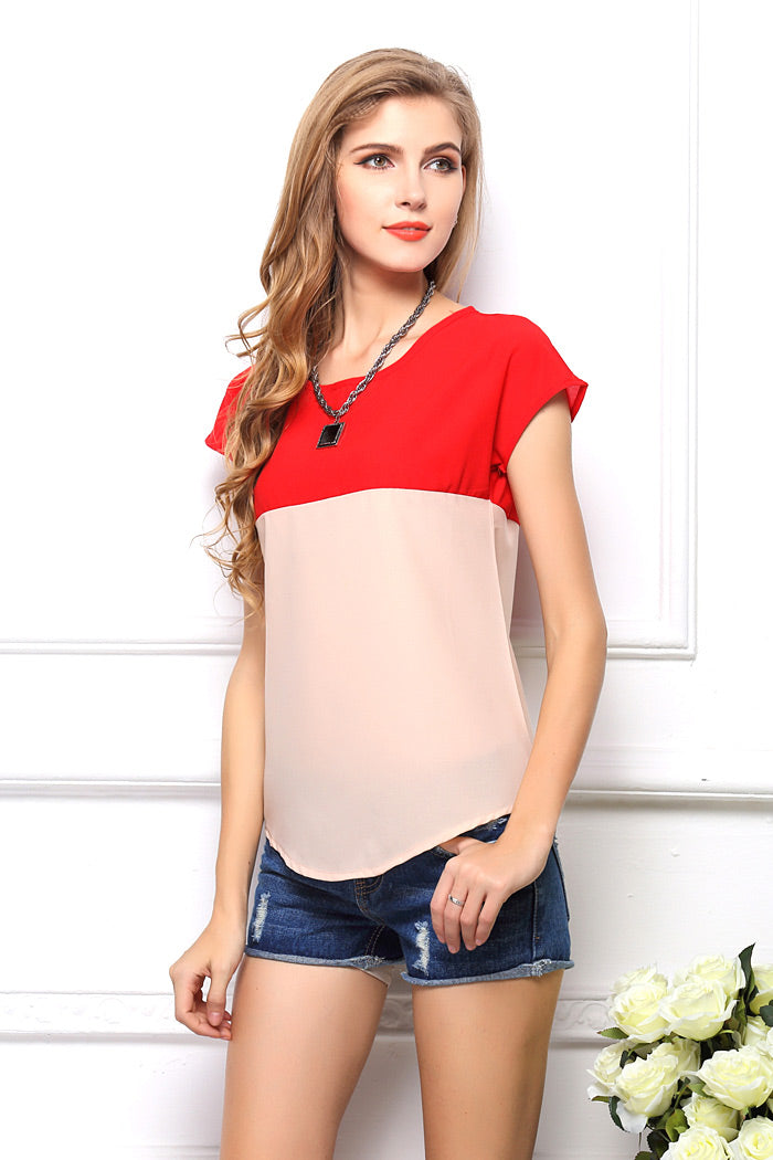 Two Tone Short Sleeve Chiffon Blouse