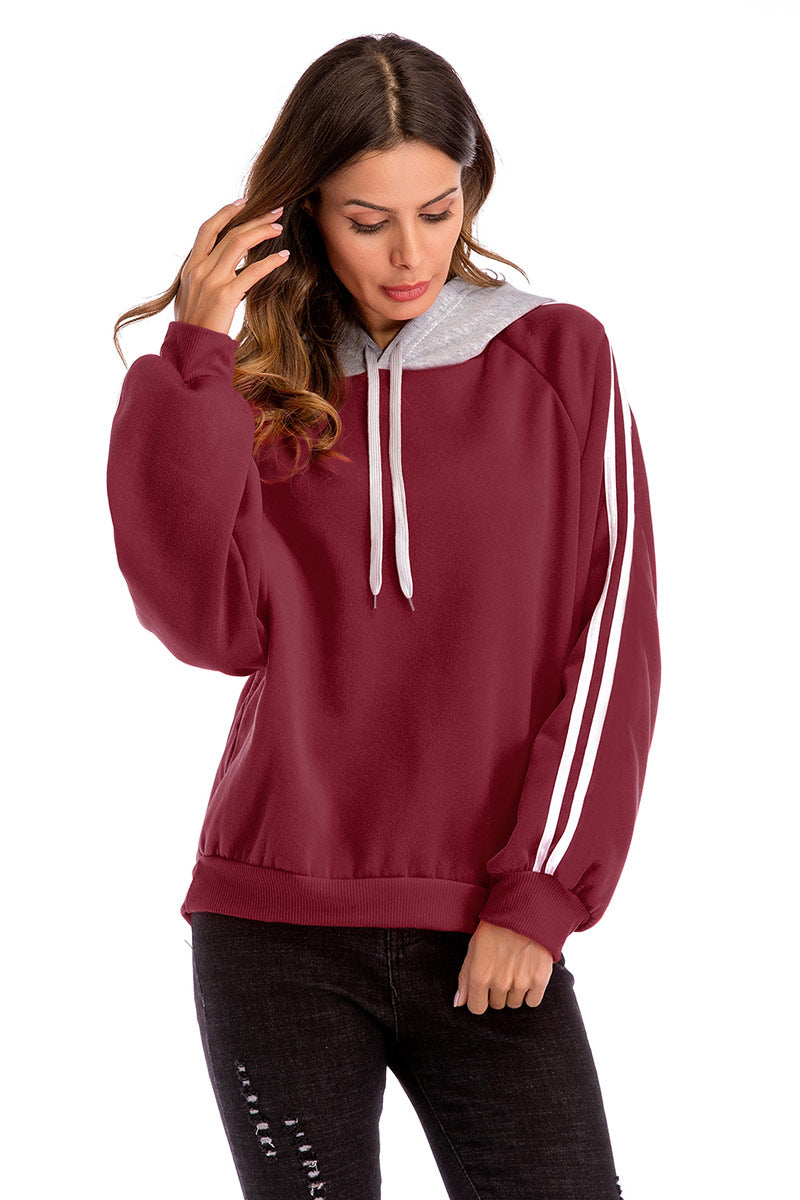 Two Tone Varsity Striped Drawstring Sweatshirt - Mislish