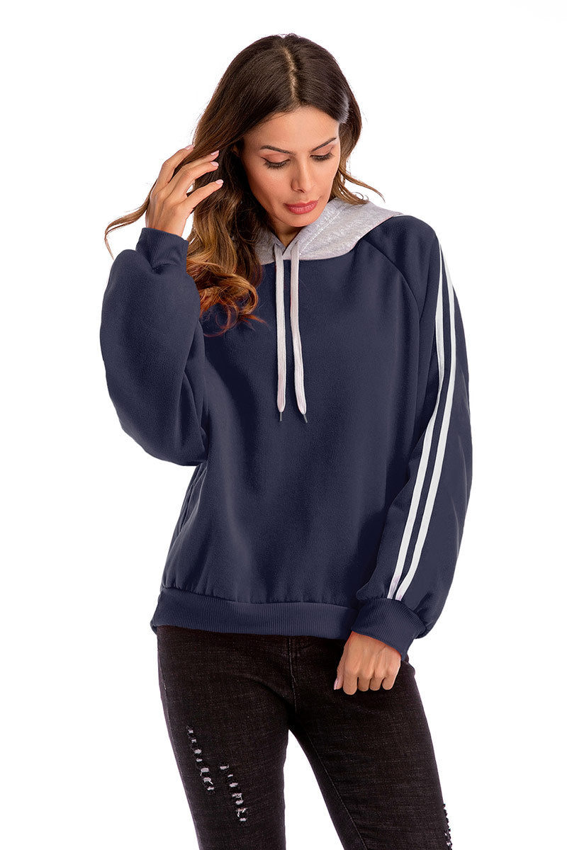 Two Tone Varsity Striped Drawstring Sweatshirt - Mislish