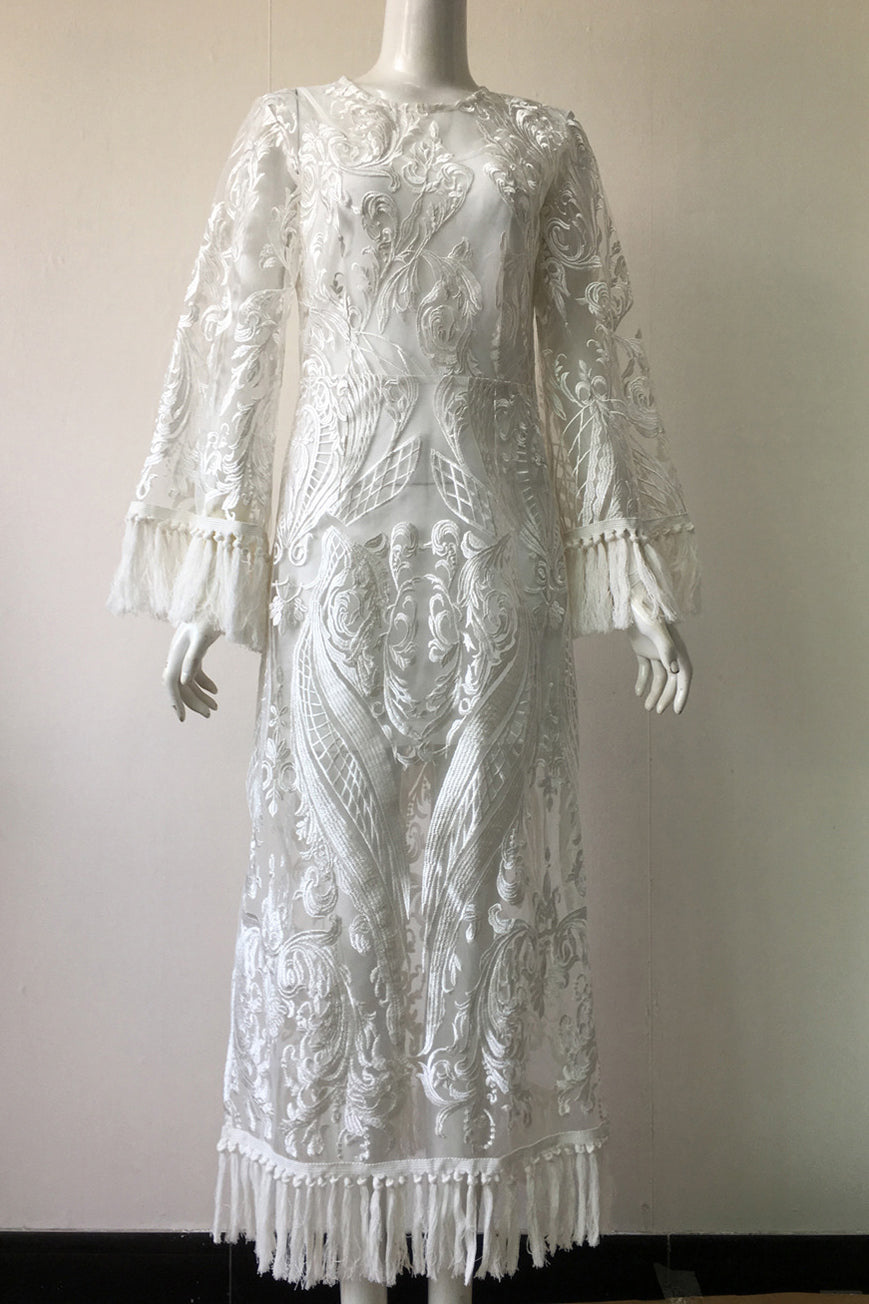 Unique Tassel White Lace Party Dress