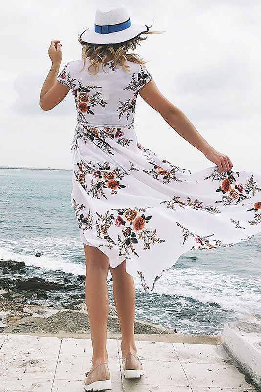 V Neck Asymmetrical Hem Lace-up Floral Dress