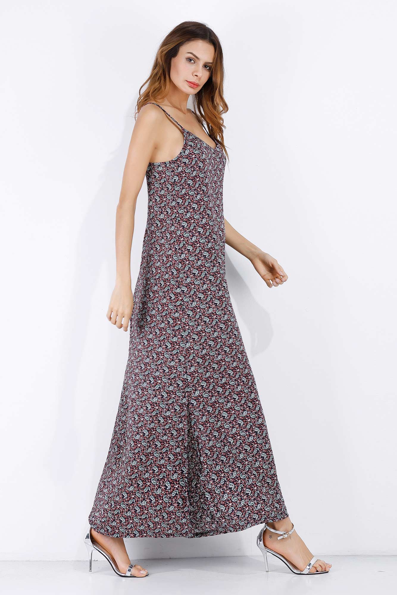 Floral V Neck Backless Slit Maxi Chiffon Dress