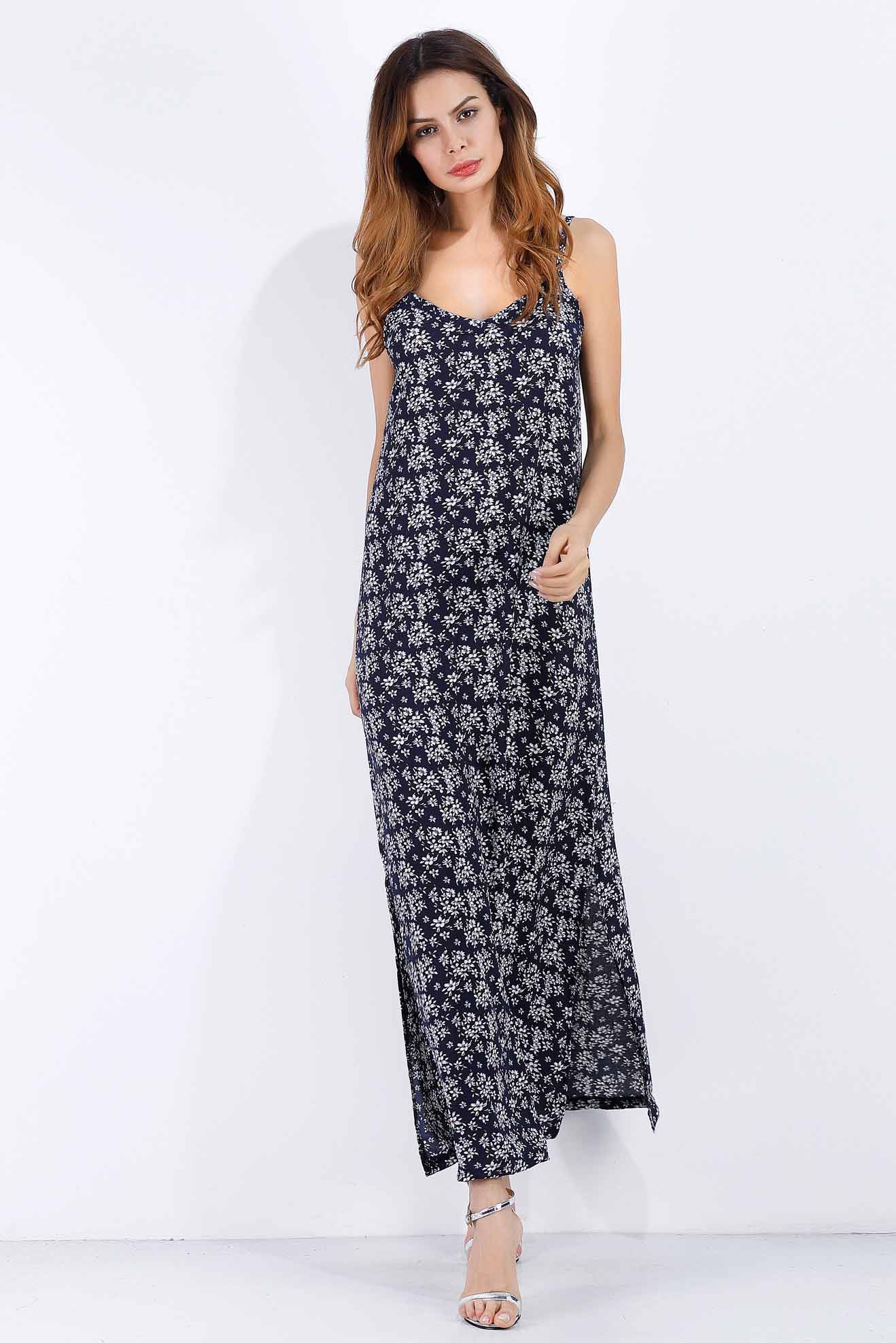 Floral V Neck Backless Slit Maxi Chiffon Dress - Mislish