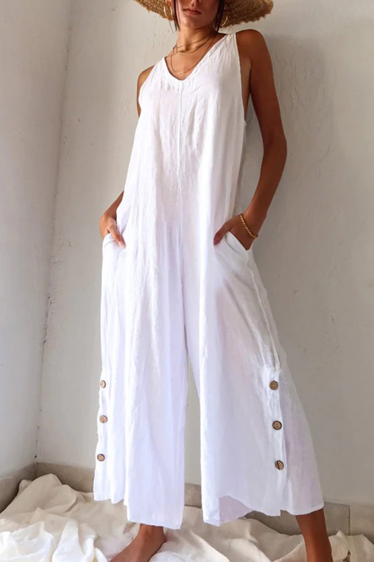 V Neck Button Hem Wide Leg Jumpsuits