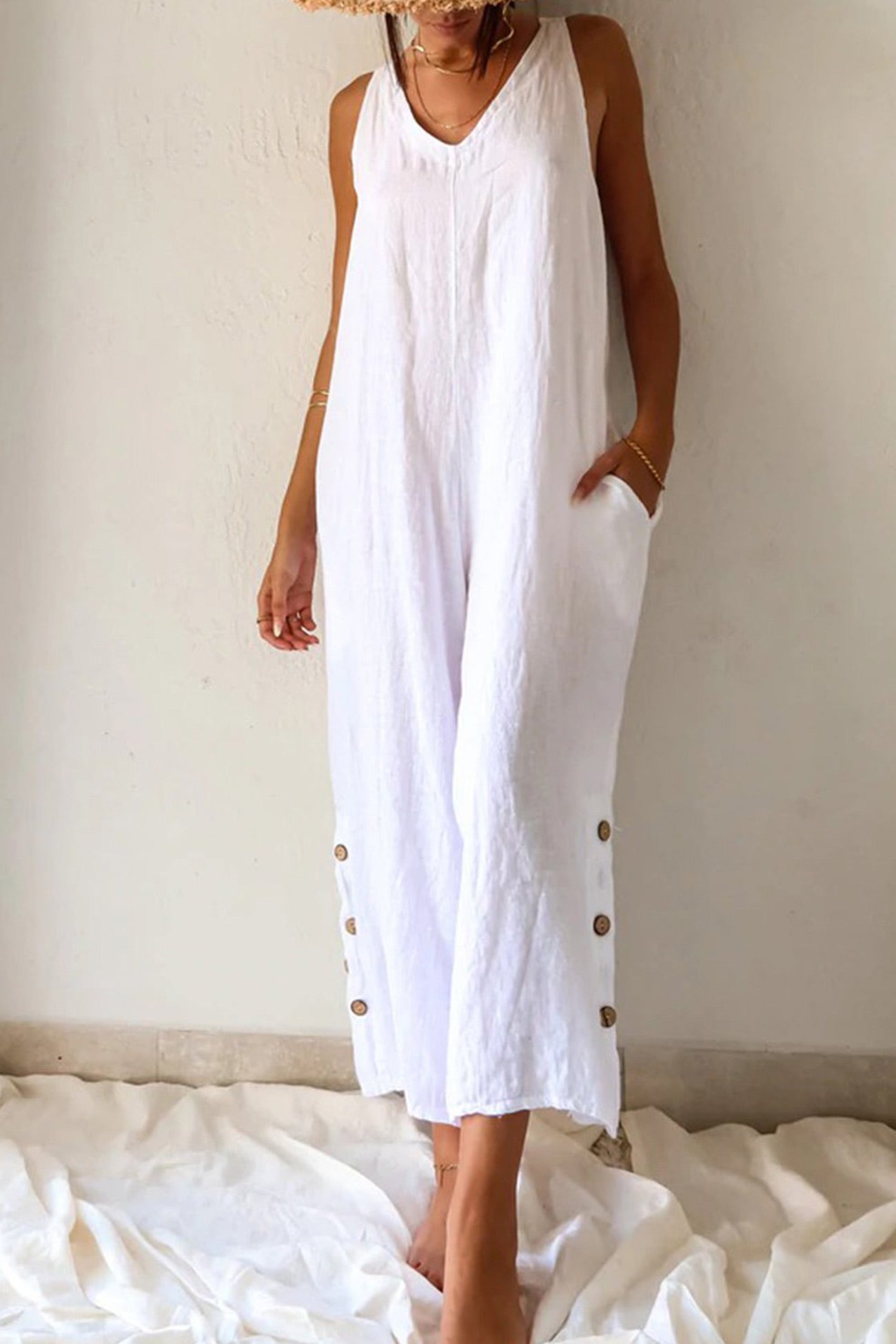 V Neck Button Hem Wide Leg Jumpsuits