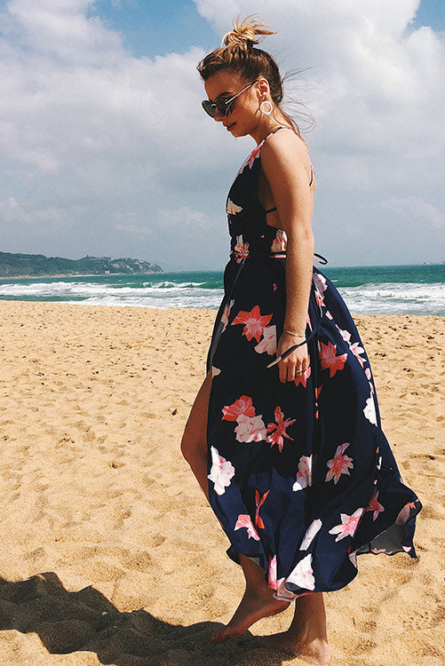 Floral V Neck Crisscross Lace-up High Split Maxi Dress