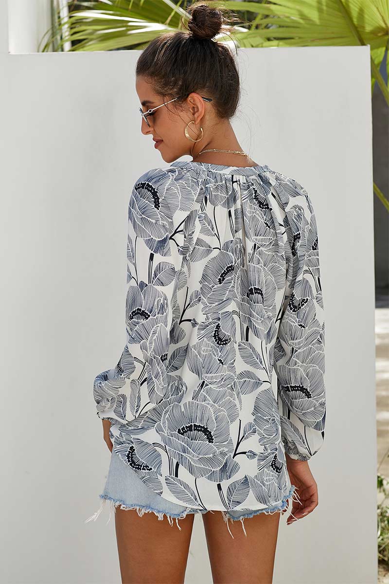 V Neck Drawstring Printed Blouse