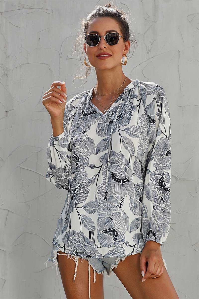 V Neck Drawstring Printed Blouse - Mislish