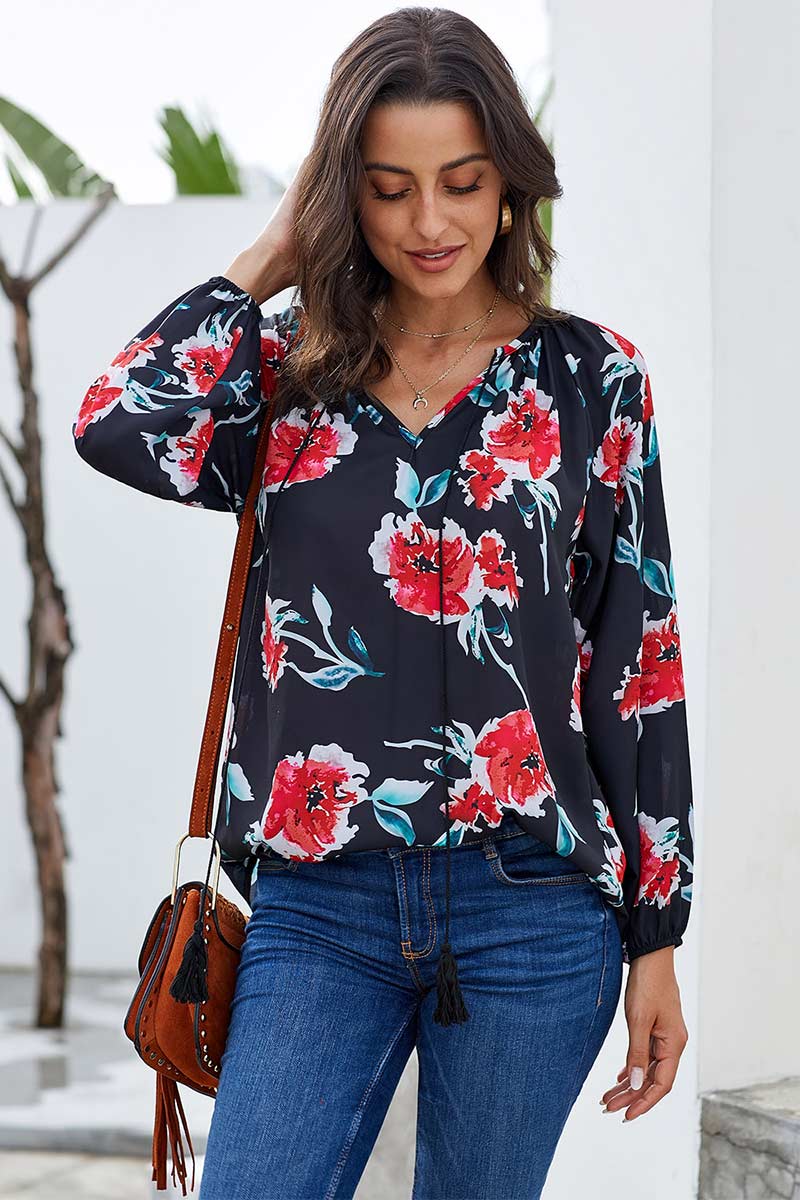 V Neck Drawstring Printed Blouse - Mislish