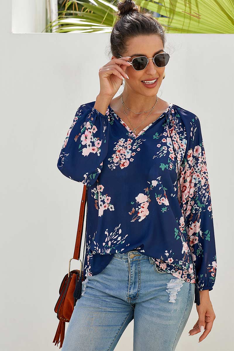 V Neck Drawstring Printed Blouse - Mislish