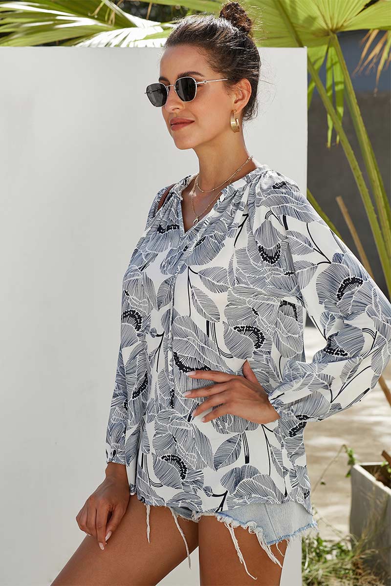 V Neck Drawstring Printed Blouse