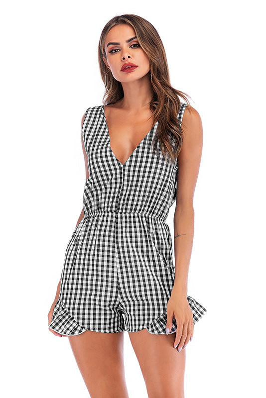 V Neck Bowknot Grid Ruffled Hem Romper - Mislish