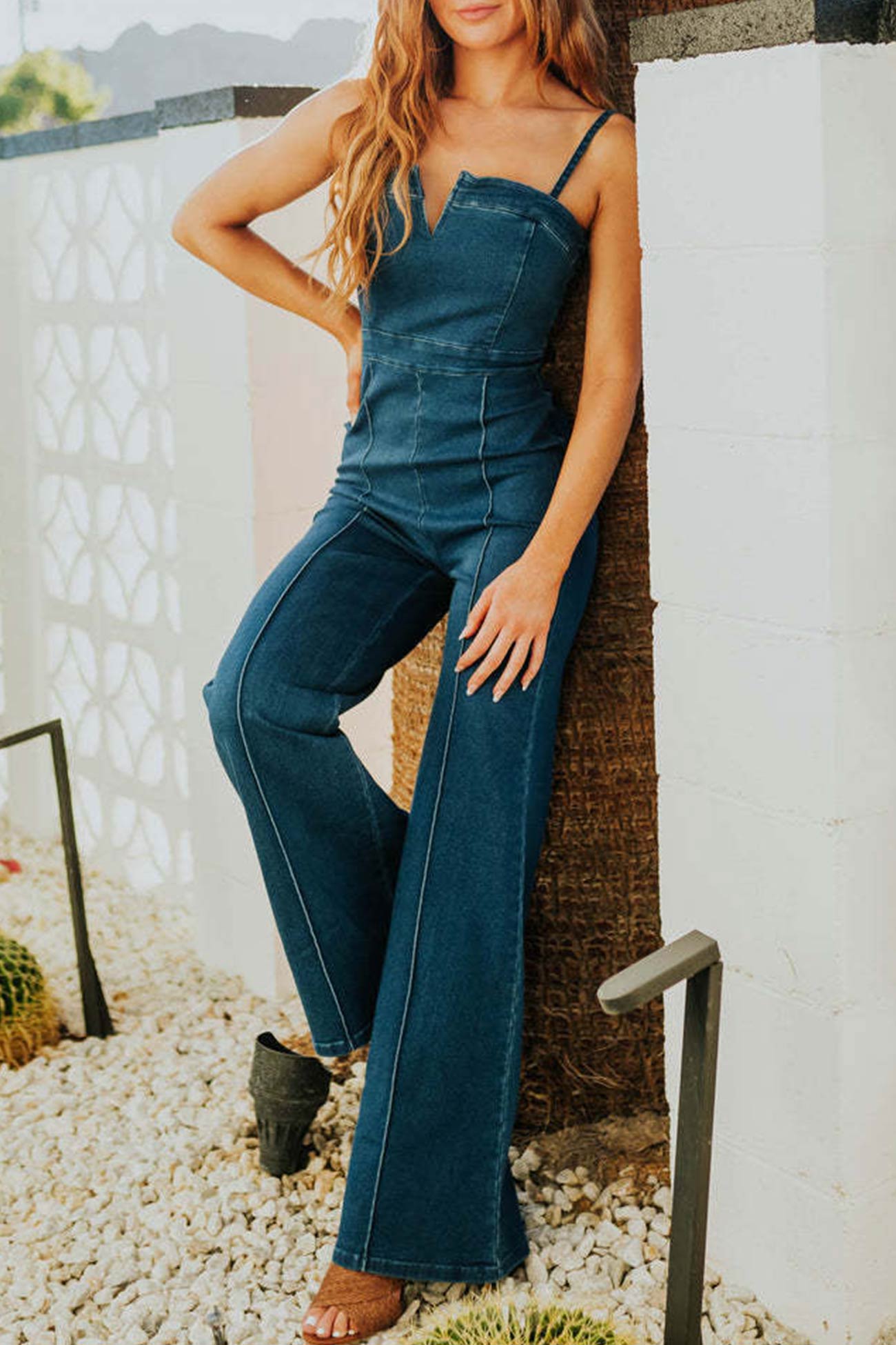 V Neck High Waist Denim Cami Jumpsuits