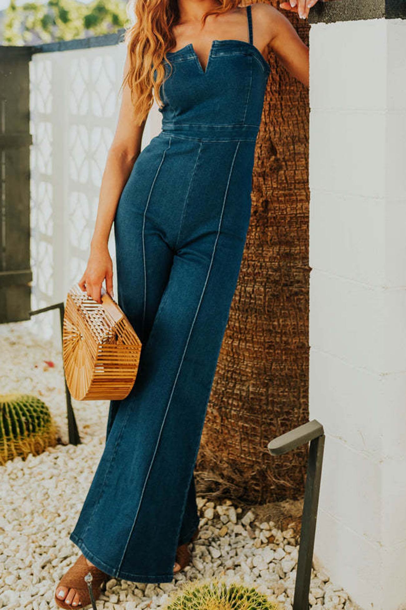 V Neck High Waist Denim Cami Jumpsuits