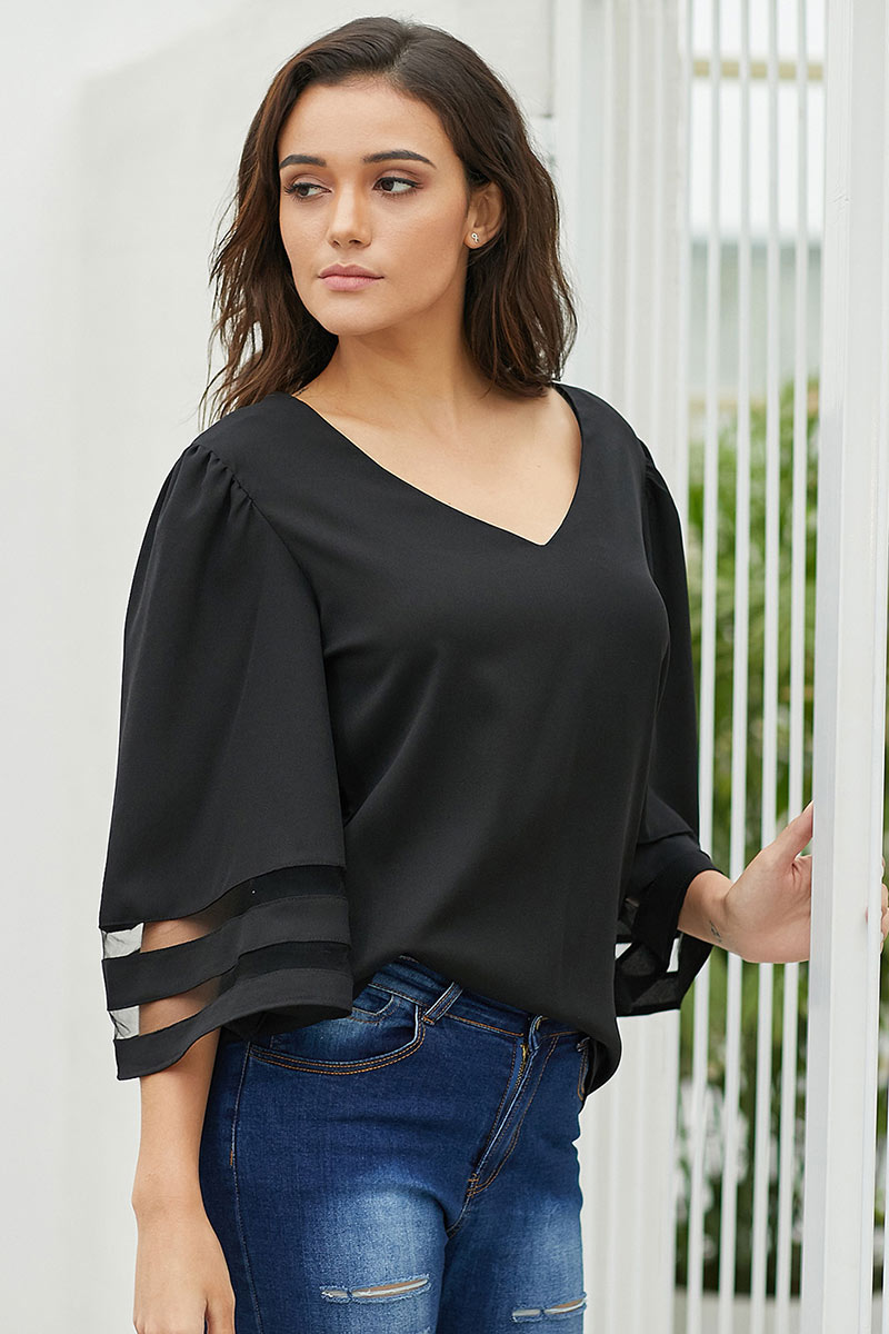 V Neck Patched Tulle Blouse