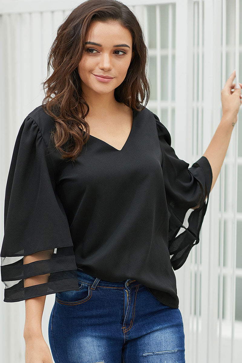 V Neck Patched Tulle Blouse - Mislish