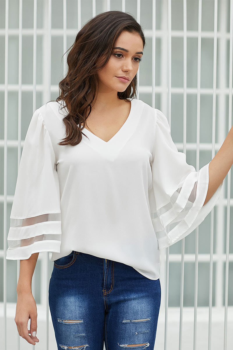 V Neck Patched Tulle Blouse - Mislish