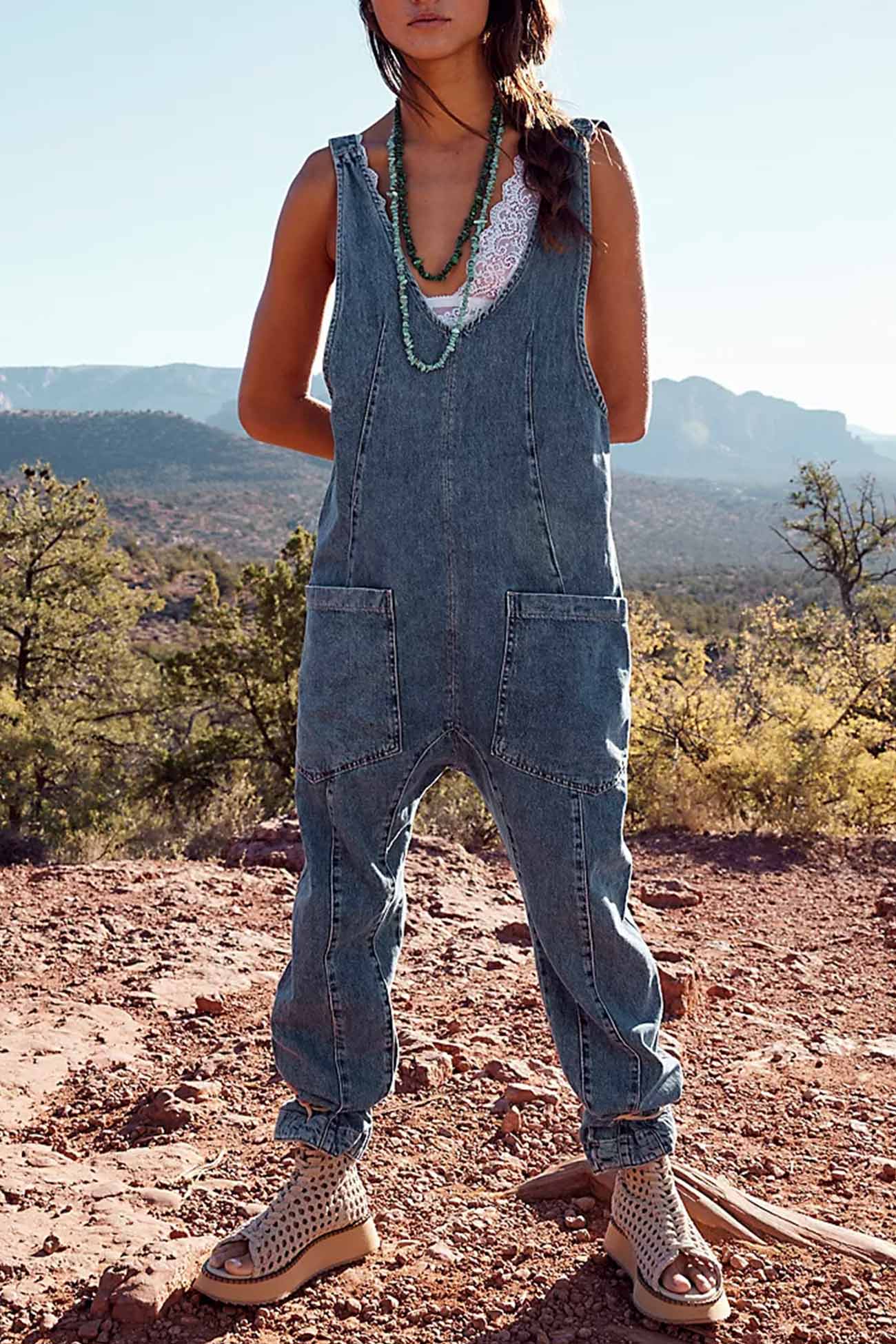 V Neck Pocketed Sleeveless Denim Jumpsuits