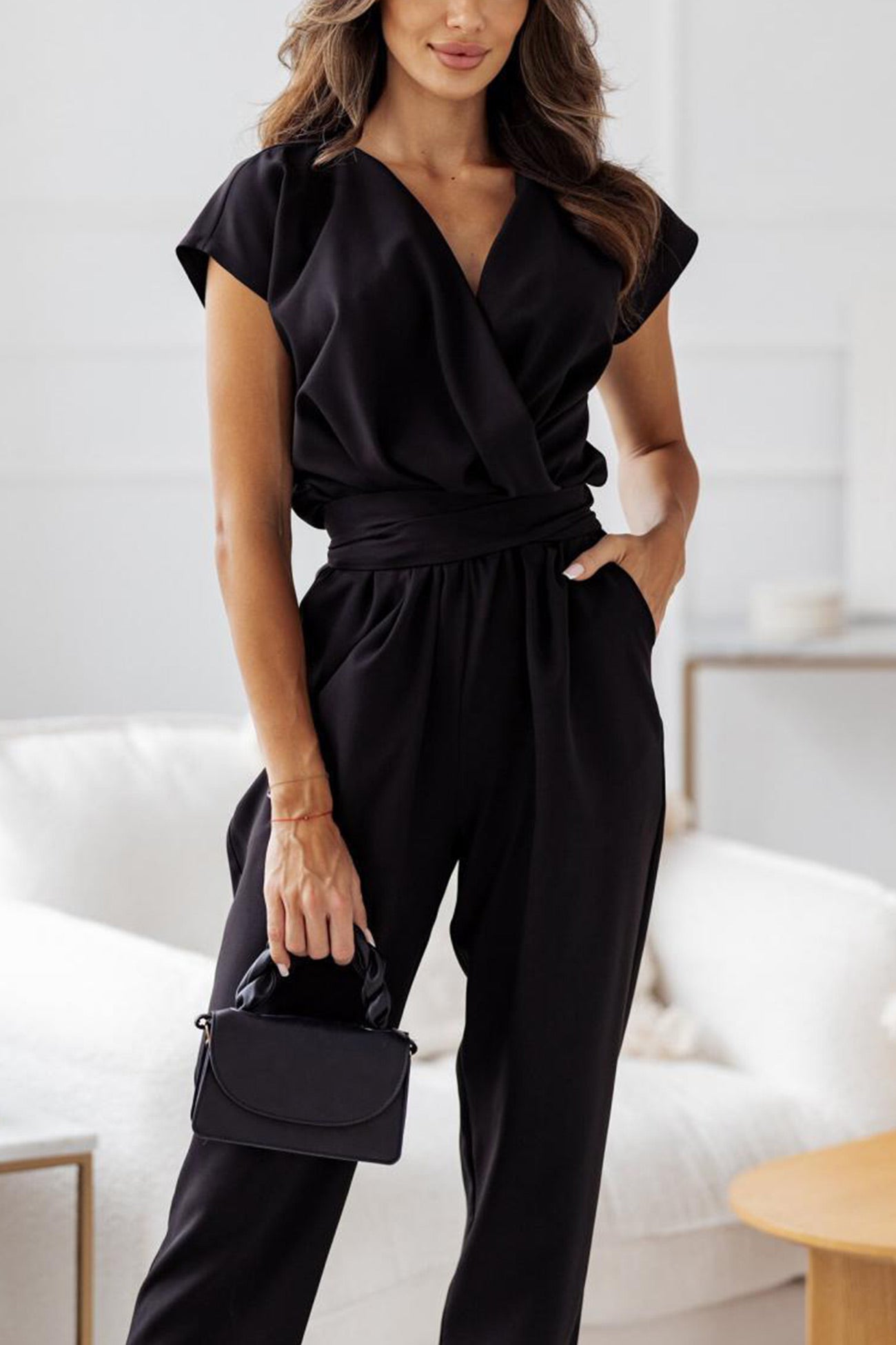 V Neck Ruched Tie-waist Jumpsuits