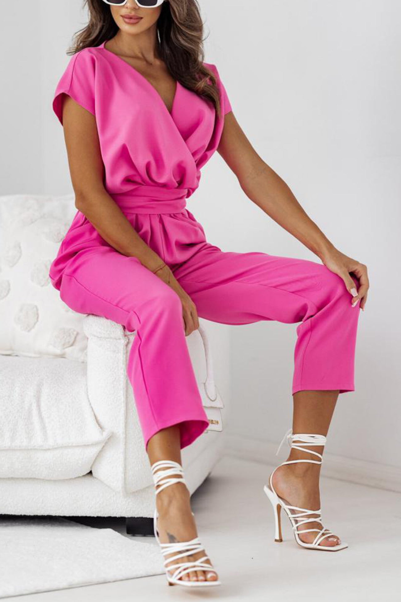 V Neck Ruched Tie-waist Jumpsuits