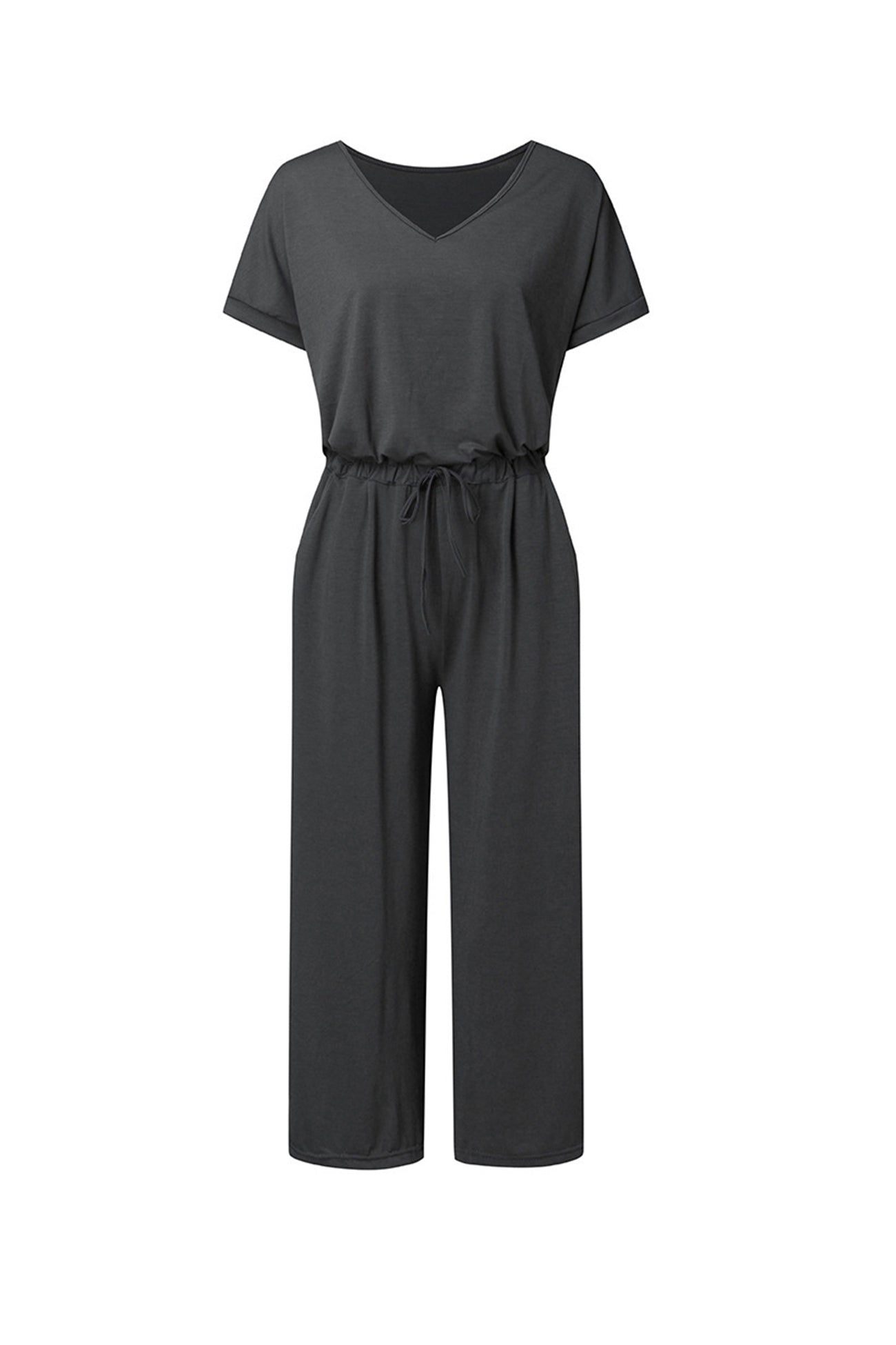 V Neck Short Sleeve Elastic Waist Jumpsuits