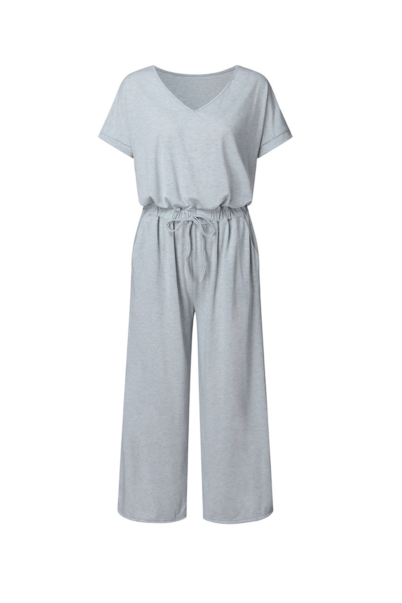 V Neck Short Sleeve Elastic Waist Jumpsuits