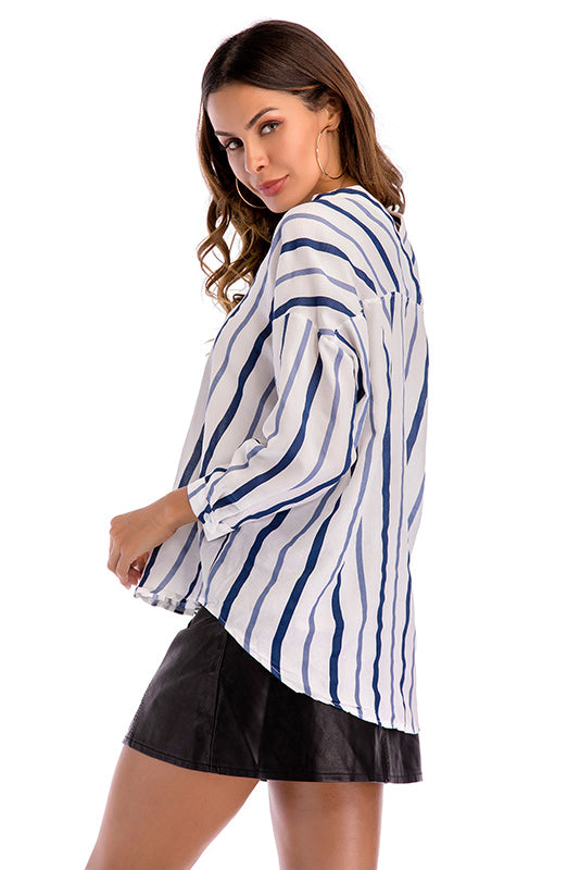 V Neck Striped Button Front Asymmetrical Hem Blouse