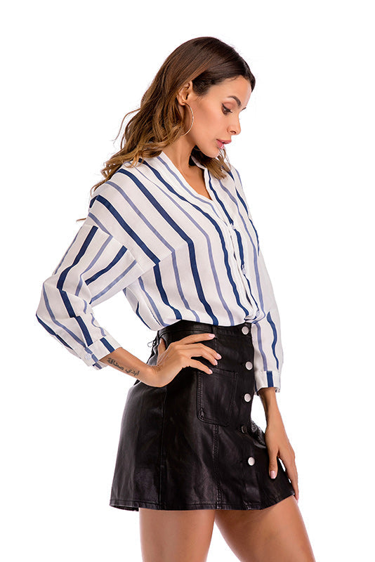 V Neck Striped Button Front Asymmetrical Hem Blouse