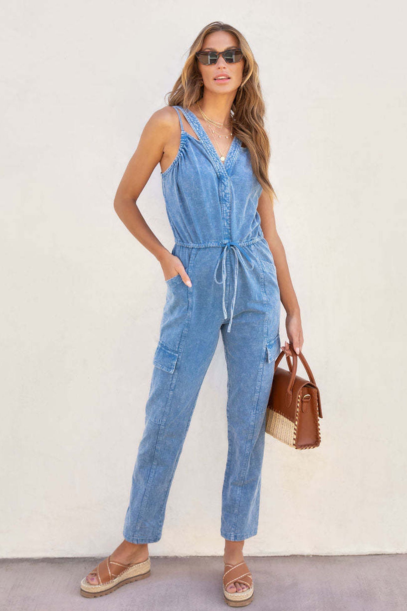 V Neck Tie-waist Pocketed Denim Jumpsuits